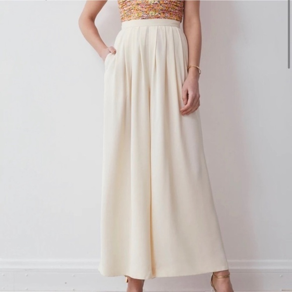 Boskemper‎ Island Wide Leg Pleated Pants Ecru Cream High Waist Resort Trousers S